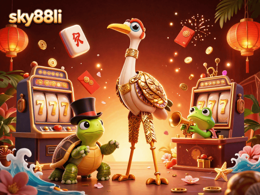 Experience thrilling gameplay at sky88li with vibrant 3D casino characters, including slot machines and rich decor.