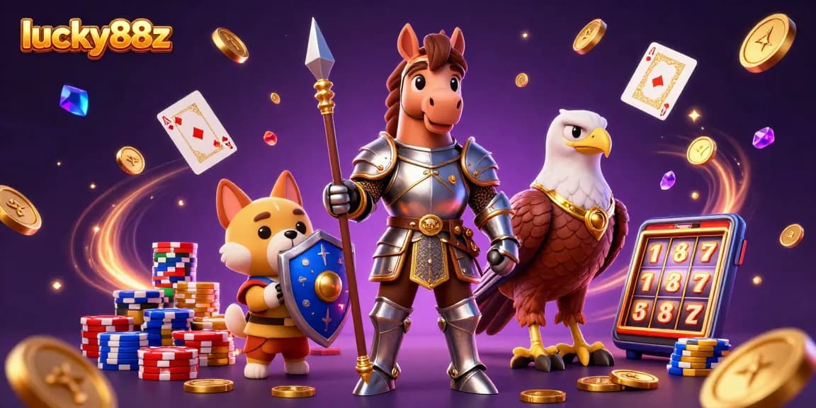 Experience the thrill of lucky88z with a dynamic casino scene featuring a heroic knight and his companions.