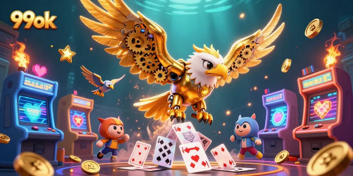 Experience the thrill of 99ok with a dynamic illustration of a cybernetic eagle amidst vibrant gaming elements.