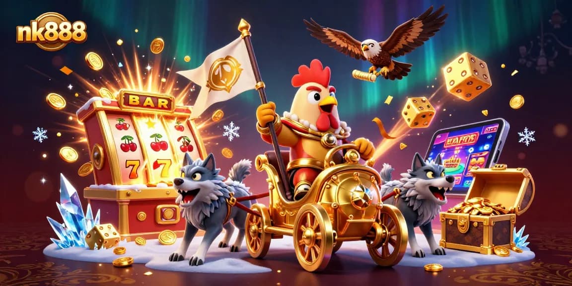 Watch nk888's thrilling casino action featuring a rooster warlord and slot jackpots bursting with coins.