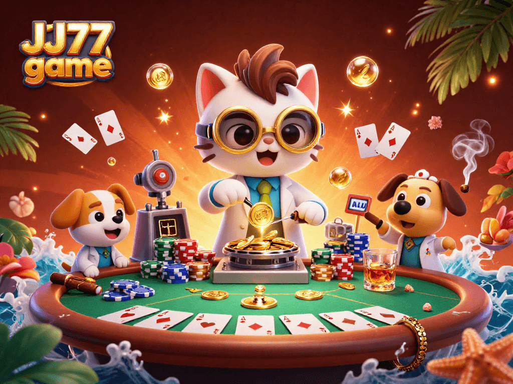 Experience fun and excitement with the JJ77 game amidst vibrant casino elements.
