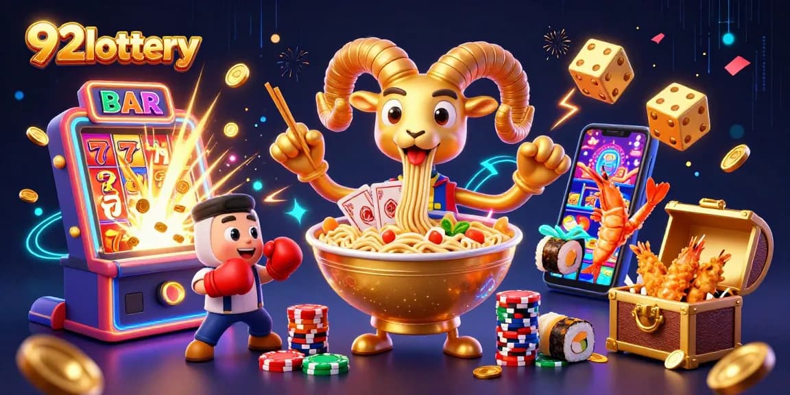 Join the excitement at 92lottery, where a giant ramen bowl deals cards among celebration and brilliant casino elements.