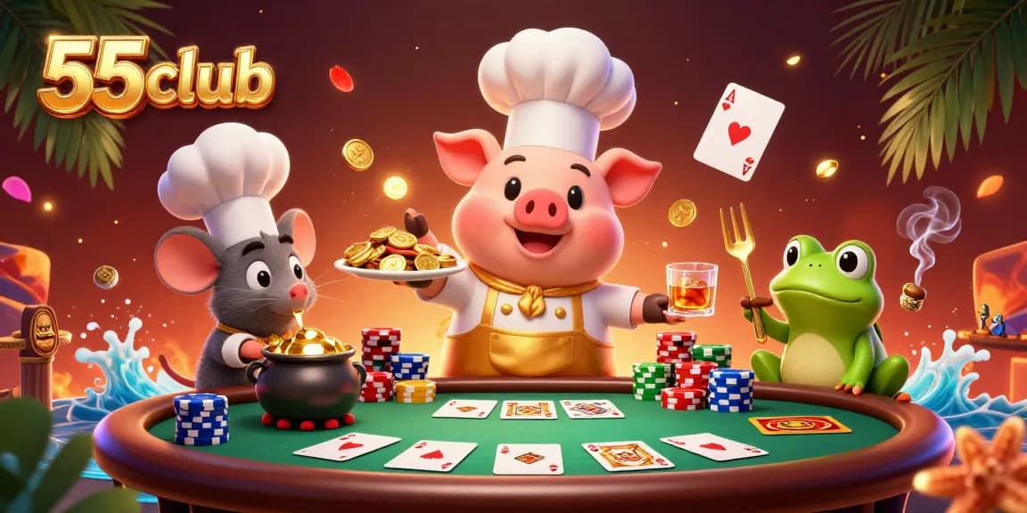 Win big with 55club as a chef pig serves golden coins at a dynamic poker scene.