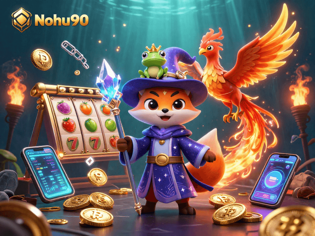 Nohu90 enhances the casino experience with vibrant slots and crypto elements in a mystical scene