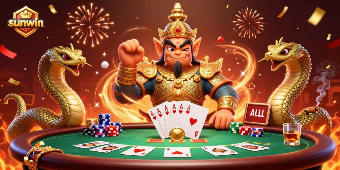 Experience exhilarating poker action with sunwin, featuring a Thai guardian and golden serpents amidst colorful chips.