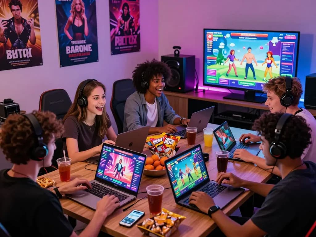 Group of friends playing porn games html on multiple devices in a vibrant gaming room, showcasing excitement.