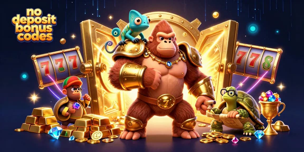 No deposit bonus codes featured in a vibrant 3D casino scene with a powerful gorilla king and treasure
