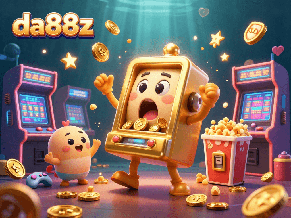Exciting da88z scene with a golden slot machine celebrating a jackpot, filled with vibrant 3D game elements.