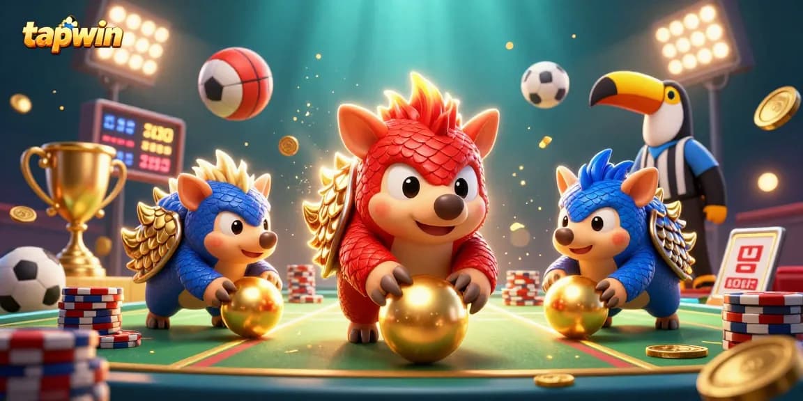 Join thrilling games at tapwin as rival pangolins engage in lively betting, surrounded by vibrant casino elements.