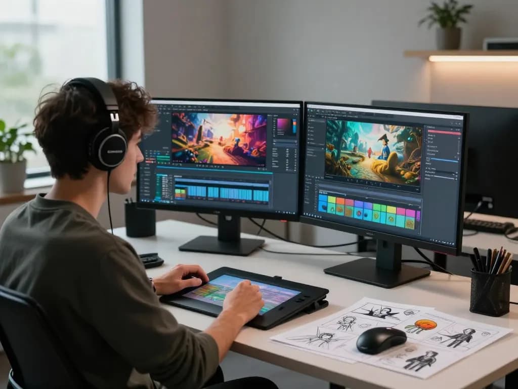 Create cinematic videos with Kling AI in a modern creative studio environment featuring a digital artist using advanced technology.
