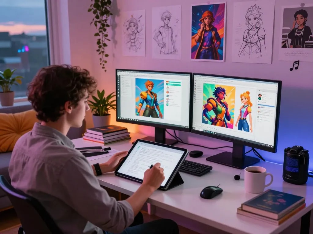 Engaging AI NSFW art studio scene highlighting innovative character design process.