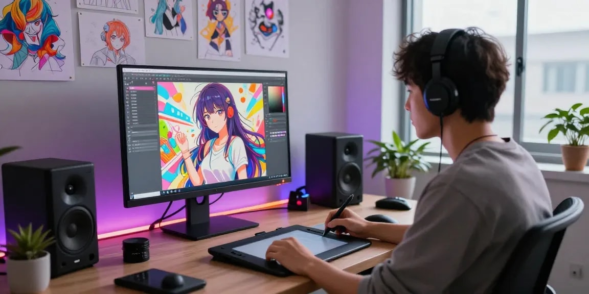 Artist creating stunning ai ecchi illustrations in modern studio environment.