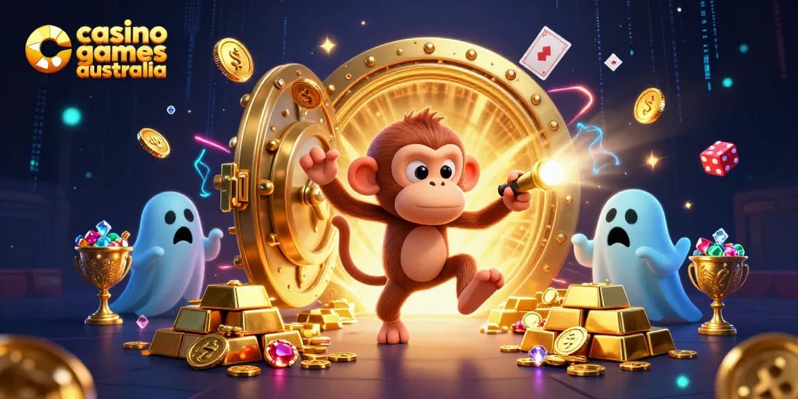 Engaging scene illustrating casino games Australia with a mischievous monkey and a curious puppy in a haunted casino.