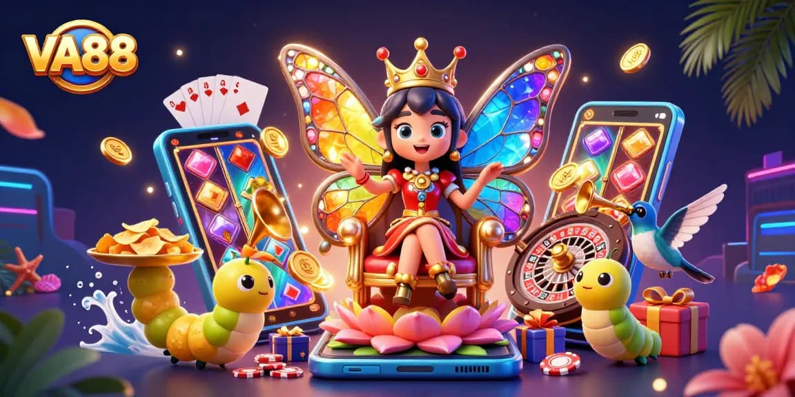 VA88's butterfly queen presides over a vibrant casino scene with spinning slot machines and golden poker chips.