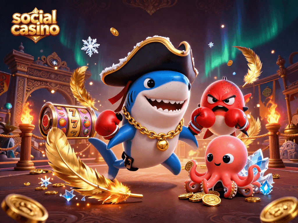 Engage in a vibrant social casino scene featuring lively characters like a pirate shark, an angry pufferfish, and an octopus with coins.