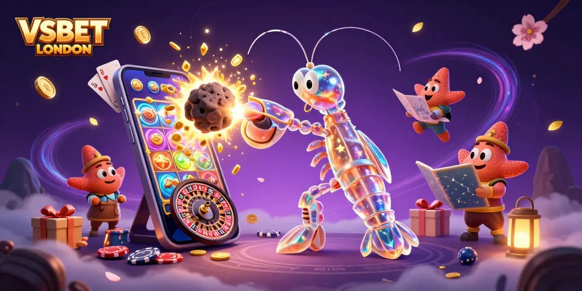 Experience winning with VSBET LONDON's slot games in a vibrant 3D casino scene.
