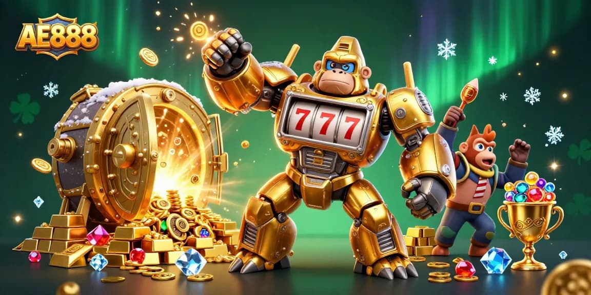 AE888 features a golden gorilla mech surrounded by casino riches in a vibrant digital illustration.