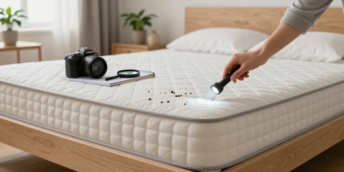 Inspecting for bed bug control in a cozy bedroom setting with soft lighting.