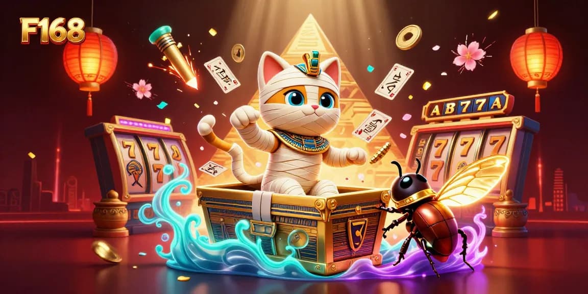Experience winning slots with F168's vibrant pyramid casino scene featuring a mummy cat and scarab beetle.