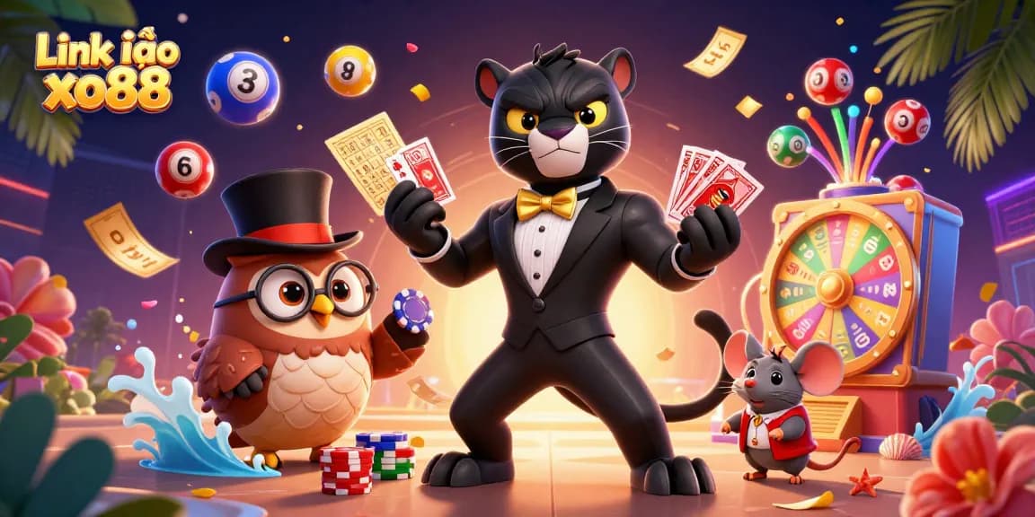 Play exciting lottery games with Link vào xo88 featuring a cartoon panther and cheerful characters.