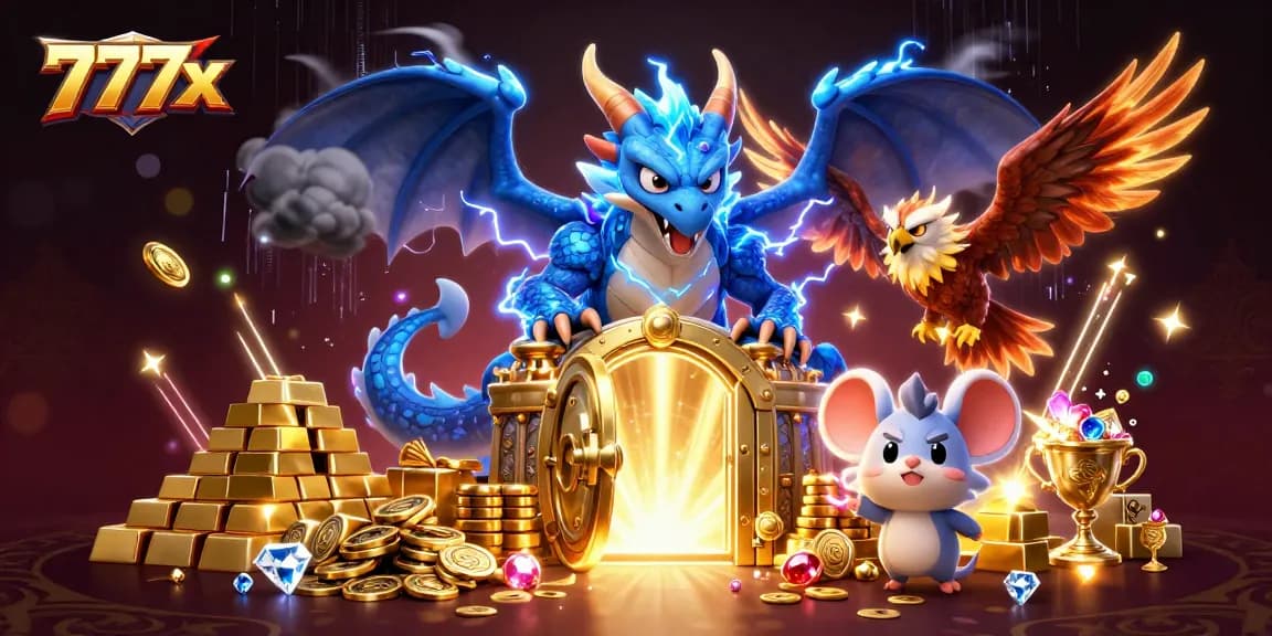 Win big with 777x in this vibrant casino-themed illustration featuring dynamic characters and treasures.