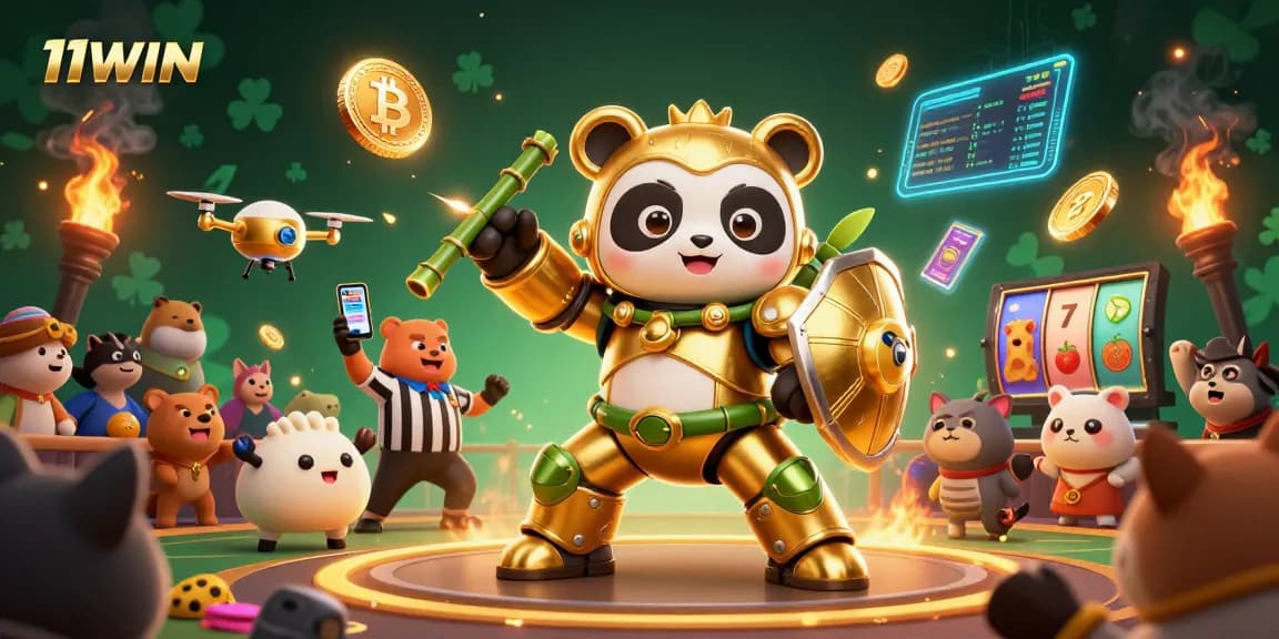 Engage with colorful 11WIN slots and crypto elements in a vibrant arena scene.