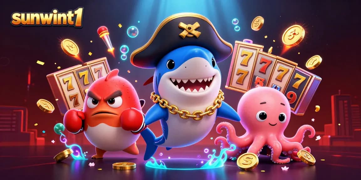 Experience the excitement of sunwint1 with a vibrant scene featuring a pirate shark, pufferfish sidekick, and octopus holding coins.