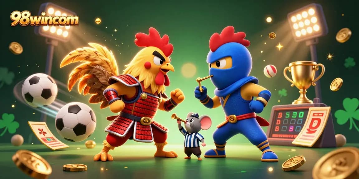 Engage in thrilling fights and sports betting action at 98wincom with dynamic cartoon roosters.