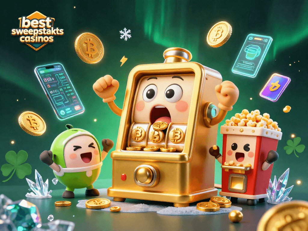 Celebrate wins at the best sweepstakes casinos with lively slot machines and golden coins.