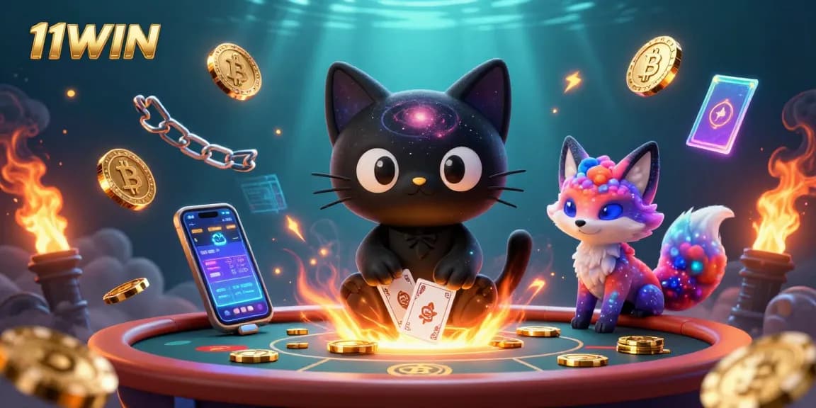 Experience the excitement of 11WIN with a vibrant nebula fox and cosmic black hole cat at a crypto casino table.