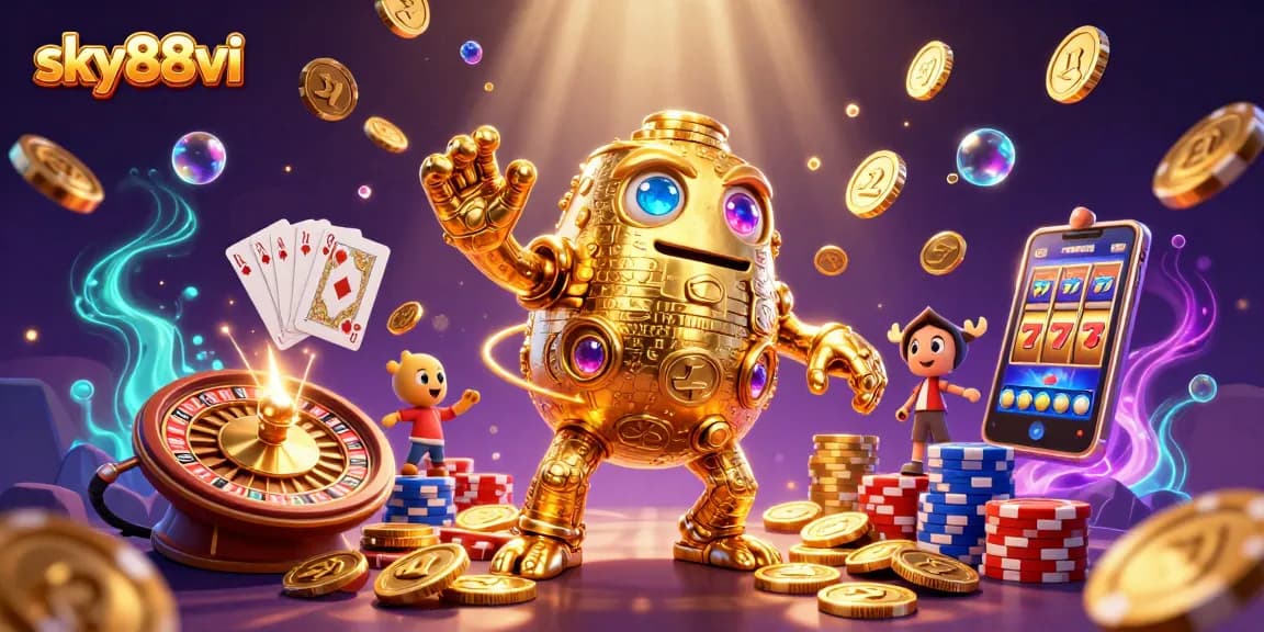 Experience thrilling gameplay with sky88vi's golden golem surrounded by vibrant casino elements.
