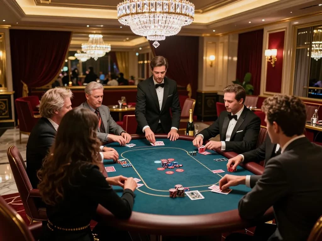 SC88 vip members enjoying an engaging poker game in a lavish casino VIP room with elegant decor