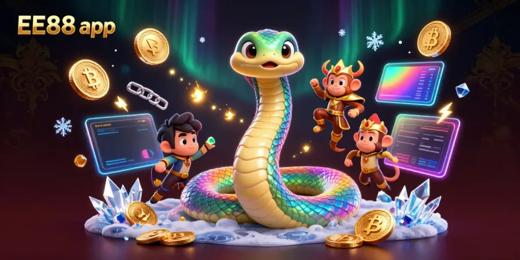 Engage with the EE88 app through vibrant 3D illustrations showcasing exciting game elements and characters.