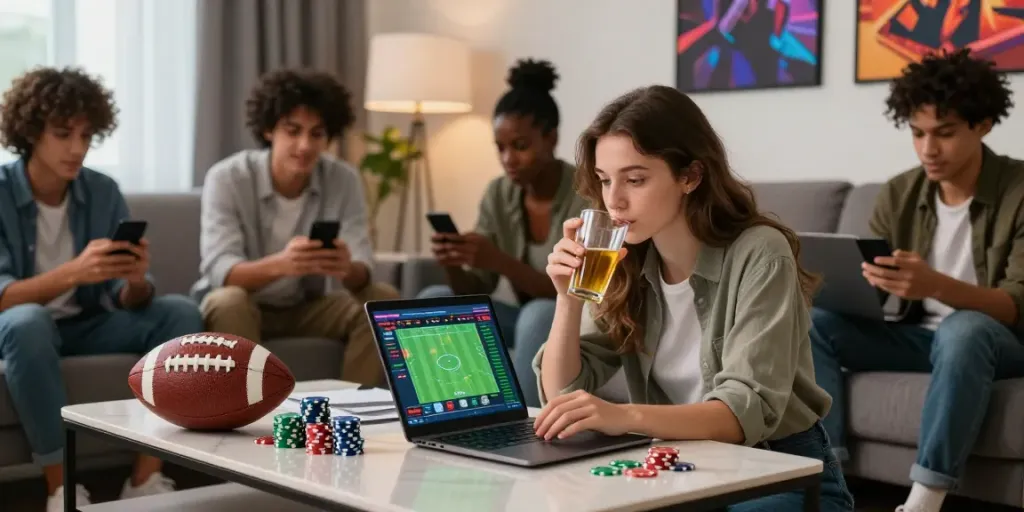 Exciting debet online betting scene with players analyzing sports stats together.