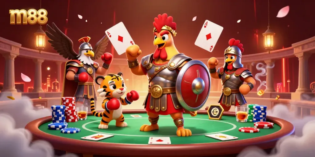 Experience m88's thrilling casino ambiance with a vibrant scene of a gladiator rooster and allies in action.