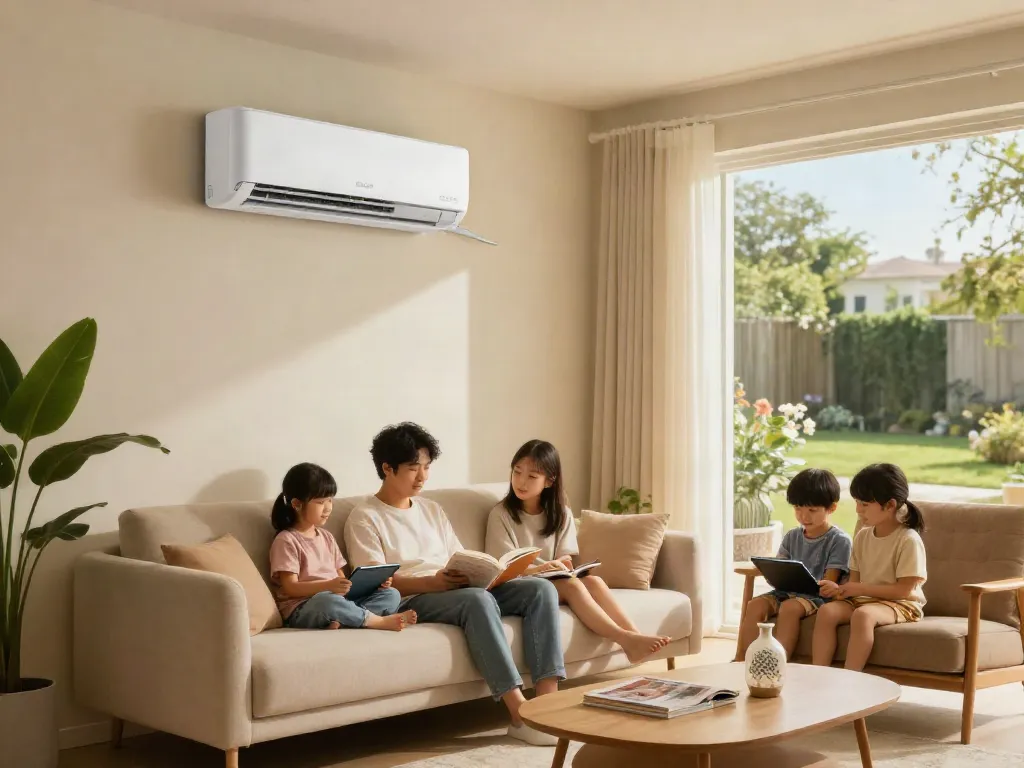 Family enjoying a cozy living room with a mini split air conditioner, showcasing modern comfort and style.