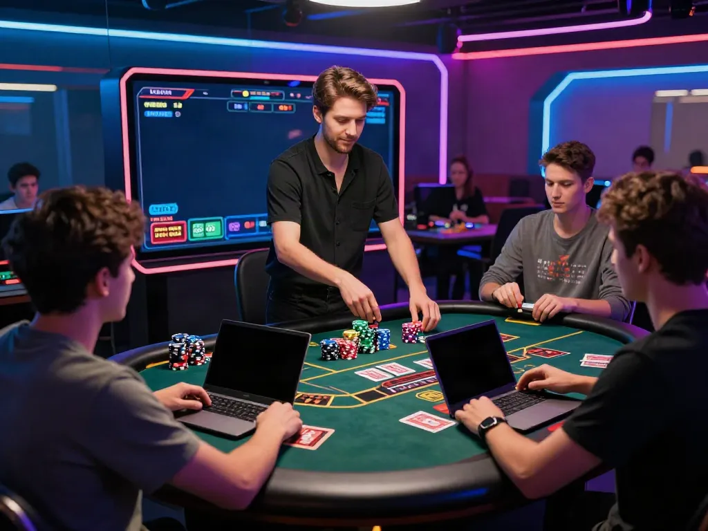 Young adults enjoying online gaming at https://nbet.page/ in a vibrant casino atmosphere.