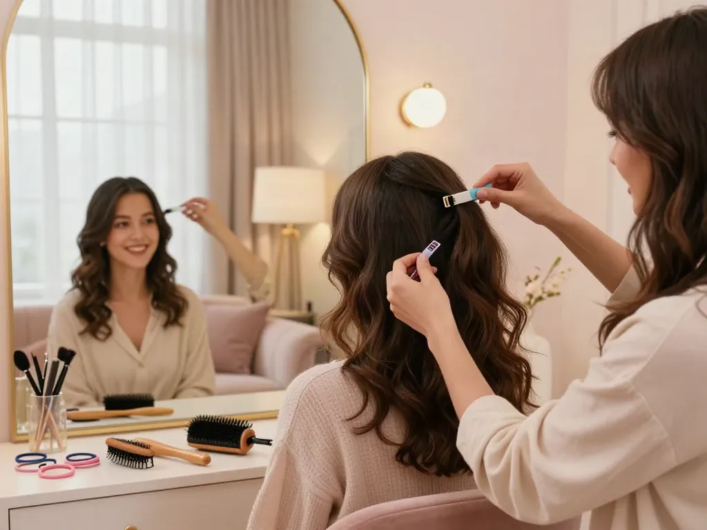 Woman applying invisible clip in hair extensions human hair in a stylish home setting.