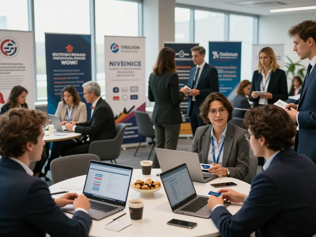 Networking professionals at a conference discussing temp agencies and career opportunities.