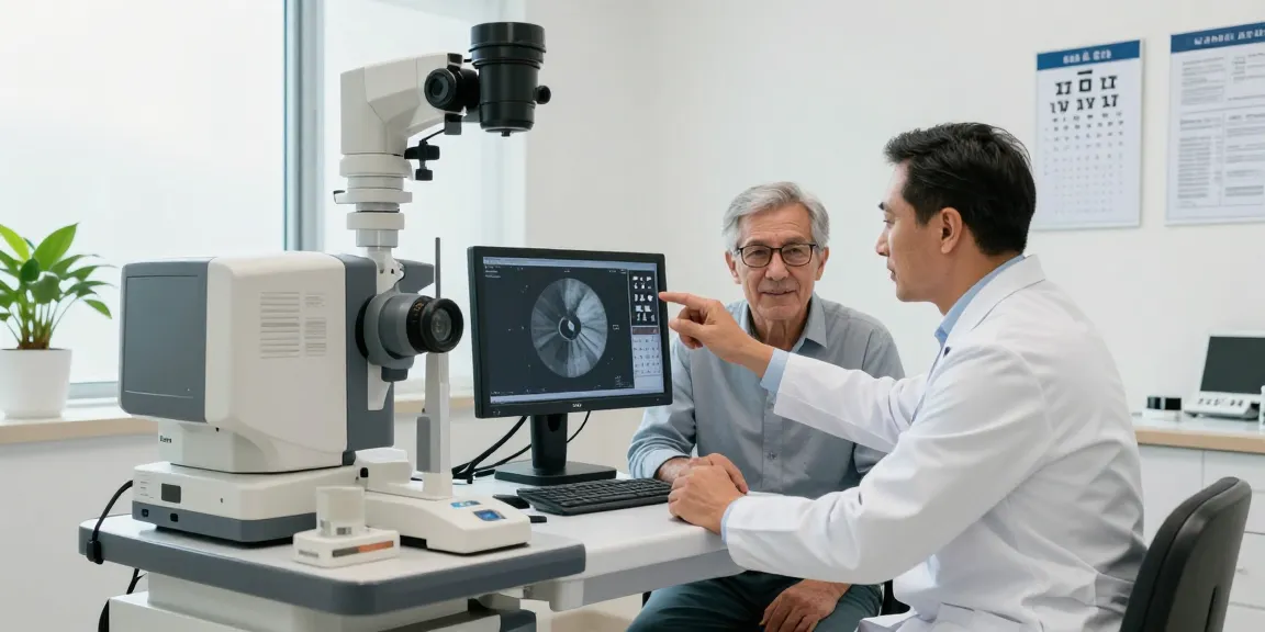 Consultation with a retina specialist in Abu Dhabi, showcasing advanced diagnostic tools and patient engagement.