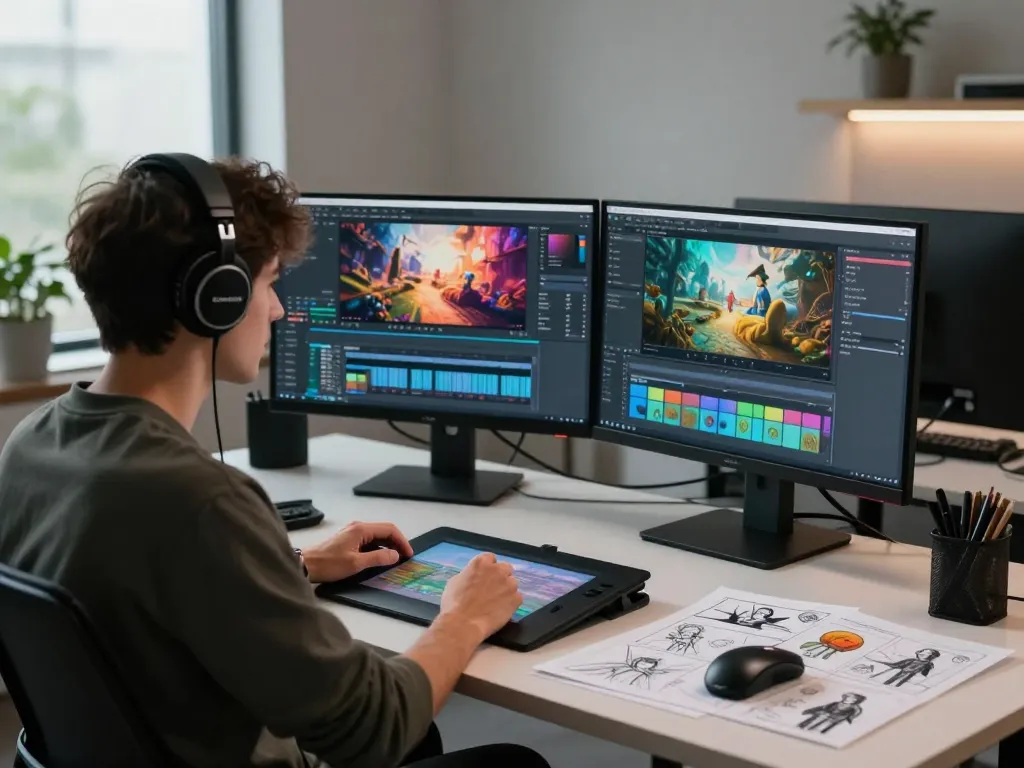 Create cinematic videos with Kling AI in a modern creative studio environment featuring a digital artist using advanced technology.