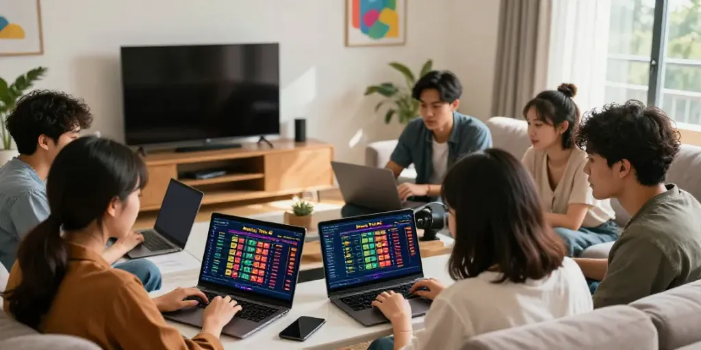 Group engaged in online betting on https://bukadl.site, showcasing excitement and teamwork in a stylish living space.