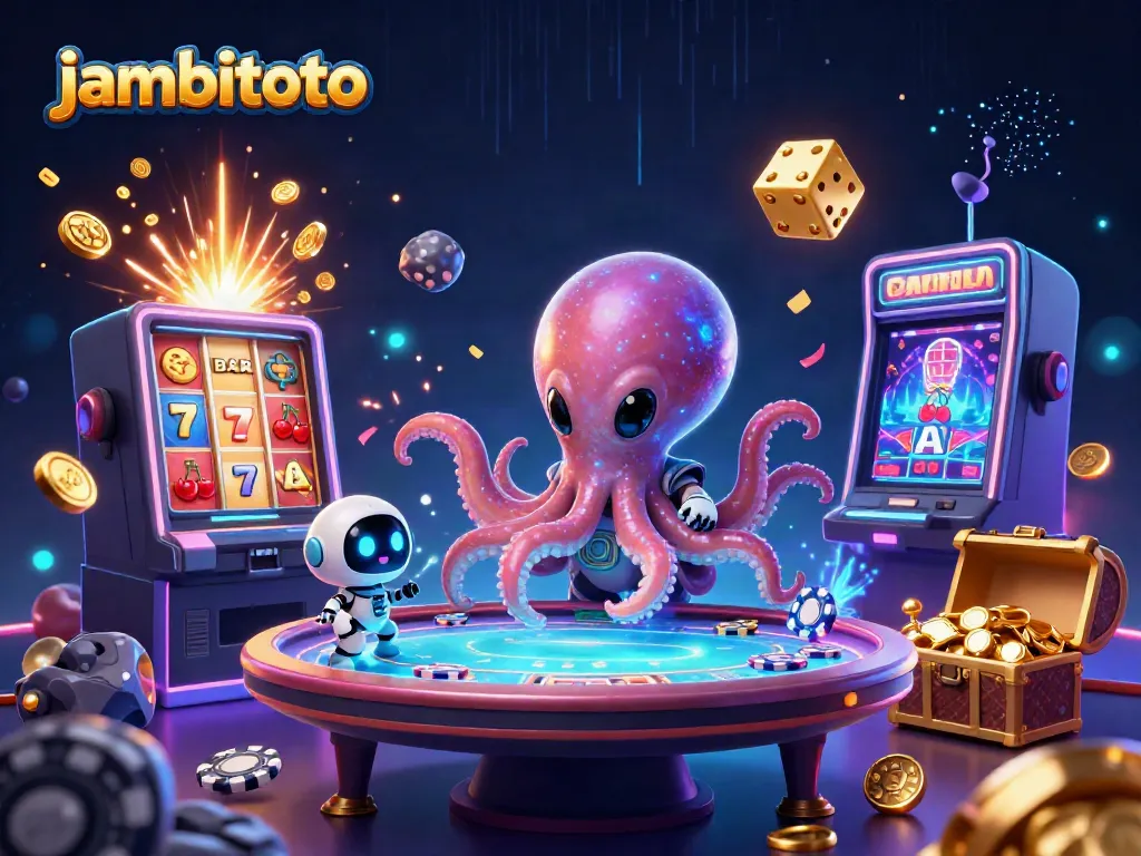 Engage with jambitoto's exciting gameplay through a vibrant illustration of an alien octopus at a poker table.