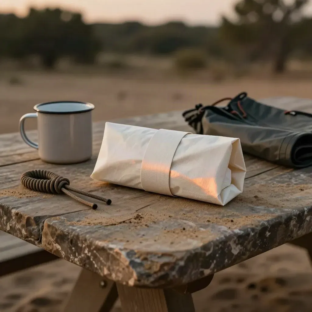Yearly-pass bundle on sandstone table with trail mug, boot lace, and rain shell at dusk.