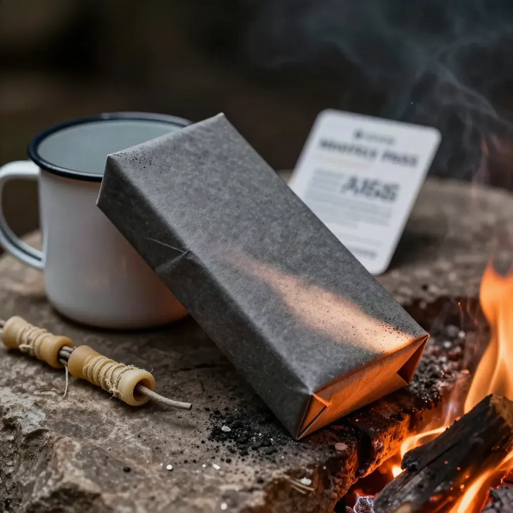 Charcoal pass box by camp mug, cord and fire-ring stone in ember glow