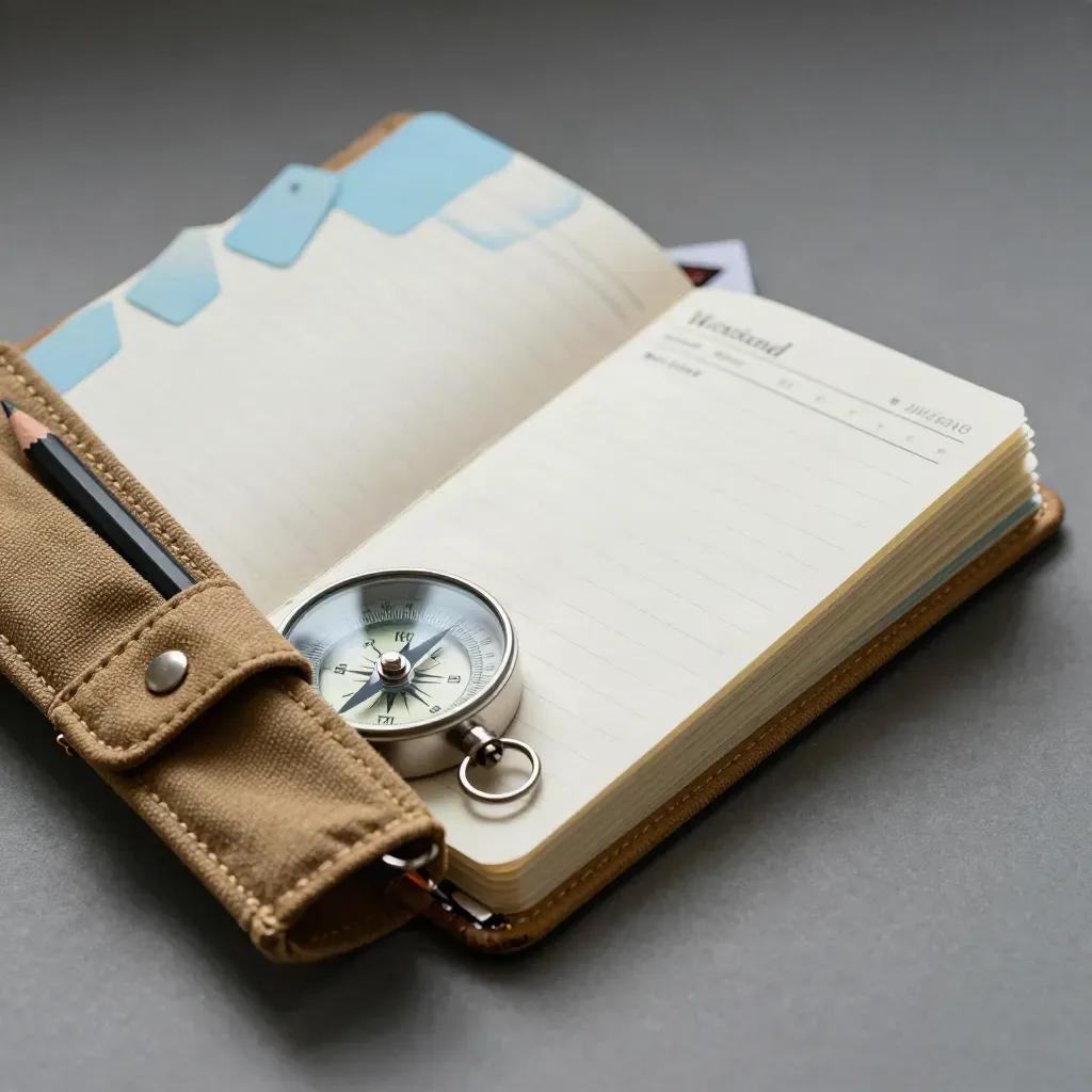 Overhead macro of a hike planner booklet, compass, pencil stub and canvas sleeve on a dark studio surface.