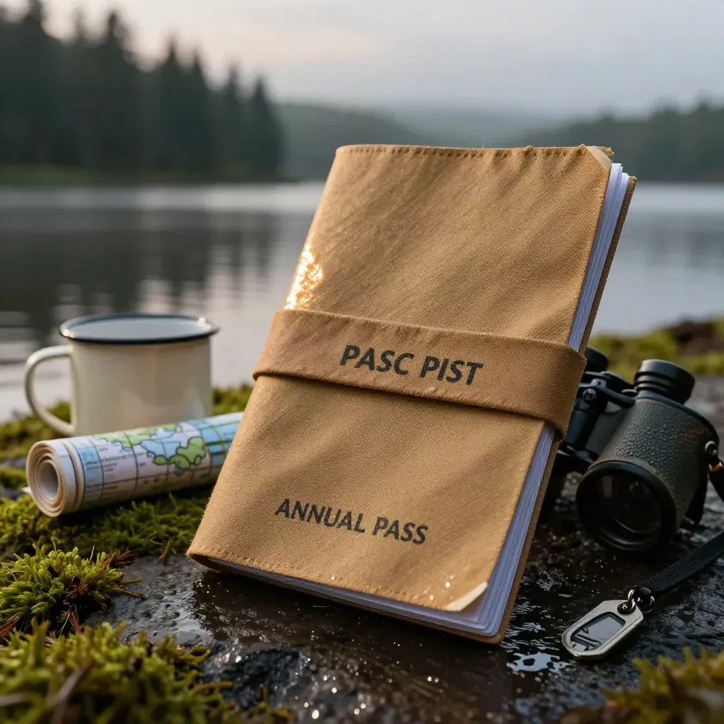 Rain-dark moss and a tan annual-pass folio by a misty lakeshore at dusk
