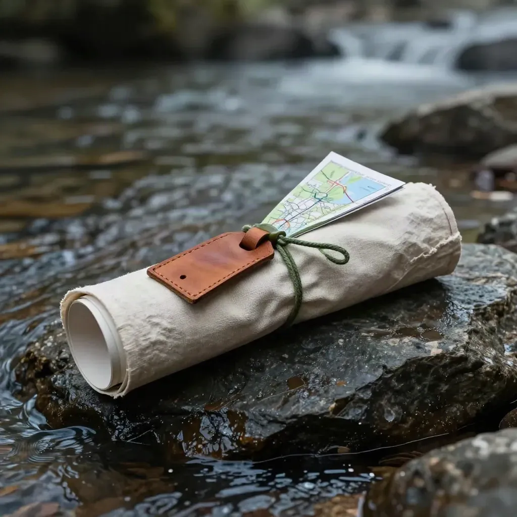 Map kit on wet river stone with linen wrap, trail tag, and misty outdoor light.