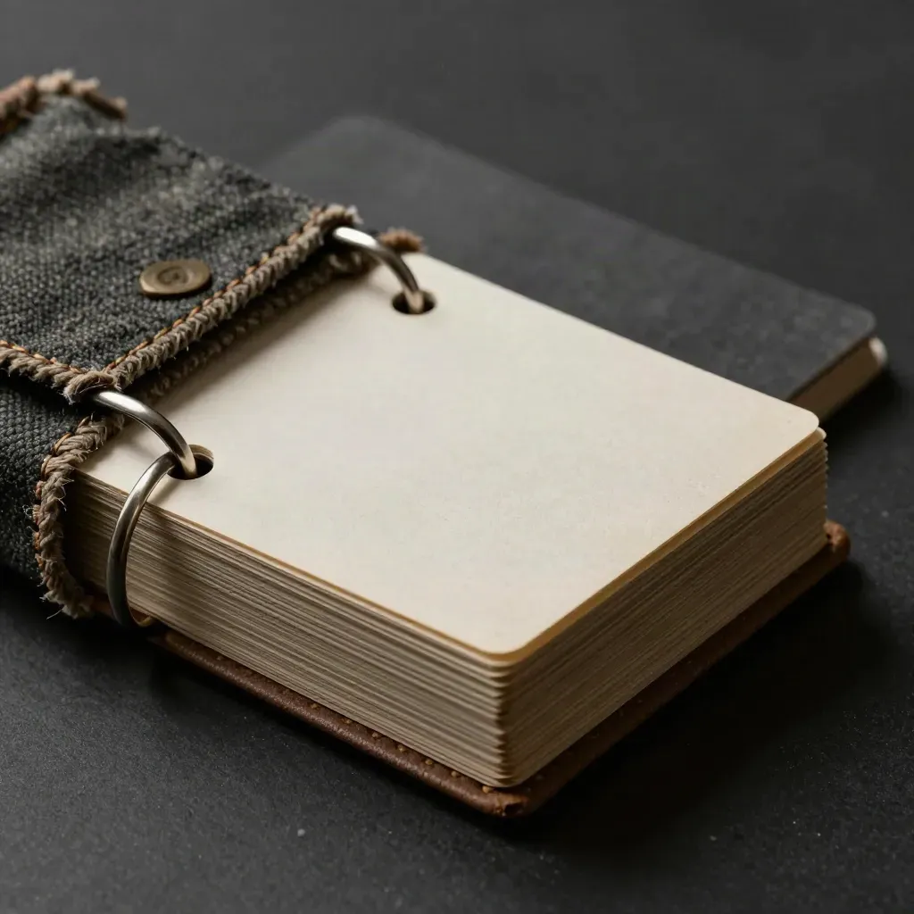 Matte checklist cards with metal ring, canvas strap, and pouch in moody charcoal light.