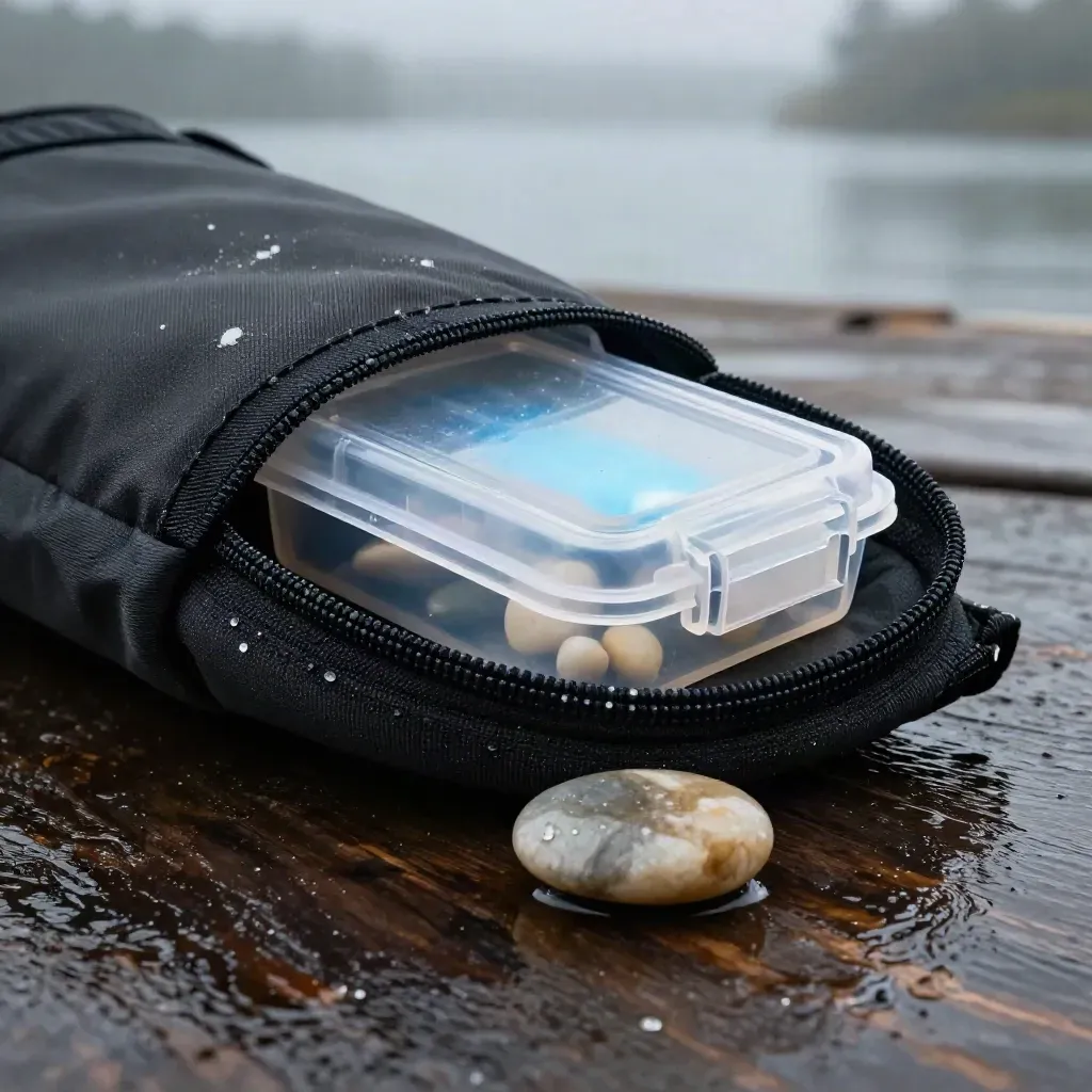 Macro angler pouch, lure box, pebble and spray on a wet dock plank.